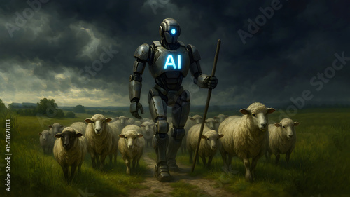 AI powered robot shepherd guides a flock of sheep along a grassy path under a dramatic cloudy sky