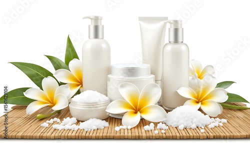 White cosmetic containers with plumeria flowers, bath salts, and spa accessories on bamboo mat. Perfect for skincare, wellness, spa, or beauty product branding and advertisement.