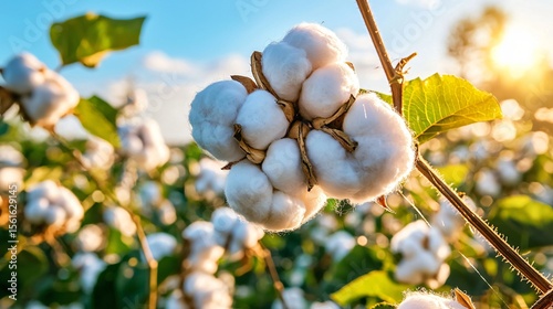 cotton fields ready for harvest, soft white bolls densely covering plants, sunlight filtering through nearby trees, calm rural backdrop with visible fencing
