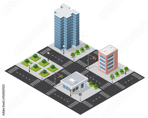 Isometric cityscape with skyscraper, buildings, roads, and green areas