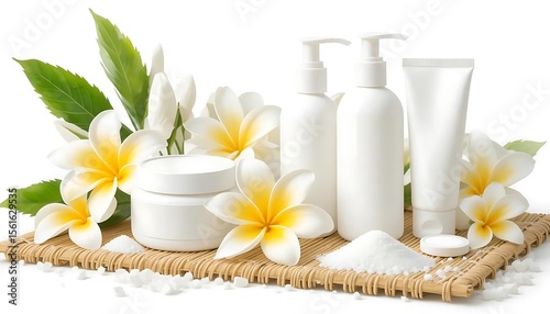 White cosmetic containers with plumeria flowers, bath salts, and spa accessories on bamboo mat. Perfect for skincare, wellness, spa, or beauty product branding and advertisement.