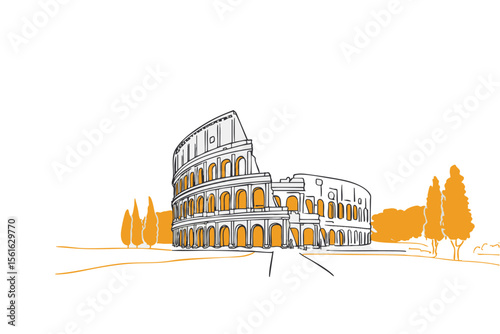 Minimal line art of the Colosseum in Rome, Italy with bold accents