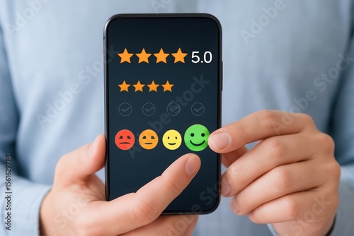 Wallpaper Mural Closeup Hands Holding Smartphone Showing Five Star Rating and Emoticons Torontodigital.ca