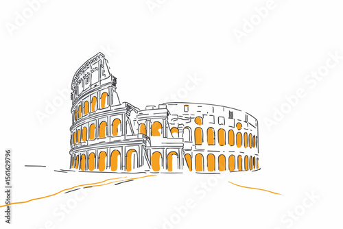 Minimal line art of the Colosseum in Rome, Italy with bold accents