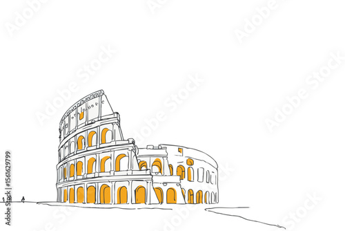 Minimal line art of the Colosseum in Rome, Italy with bold accents