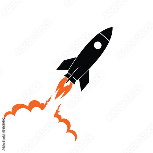 Red cartoon rocket spaceship launch illustration in space vector icon