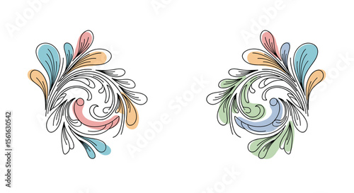 Decorative Flourishes with Soft Pastel Color Accents for Elegant Design Projects and Artistic Creations