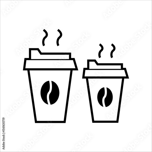 Collection of coffee cup icons in black and white. Includes mugs, to-go cups, straws, lids, and steam. Beverage and café symbols for app, web, UI, banner, menu, and print design.