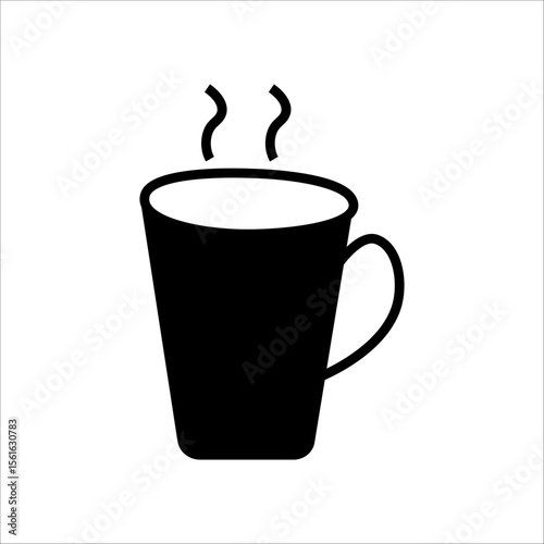 Collection of coffee cup icons in black and white. Includes mugs, to-go cups, straws, lids, and steam. Beverage and café symbols for app, web, UI, banner, menu, and print design.