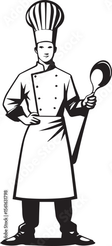 Culinary Maestro with Ladle: A stern, yet confident, chef in pristine attire stands holding a ladle, ready to orchestrate a culinary masterpiece in a monochromatic illustration.