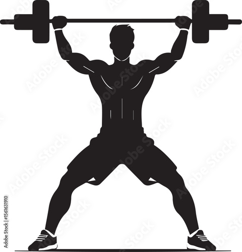 Strength and Determination: A powerful silhouette of a weightlifter in mid-action, showcasing dedication and physical prowess, lifting a heavy barbell overhead.