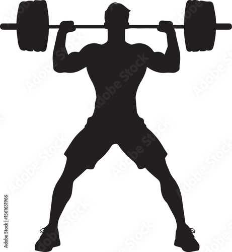 Weightlifter Silhouette: A Strong weightlifter silhouette lifts a barbell, the embodiment of strength and determination, in this fitness illustration.