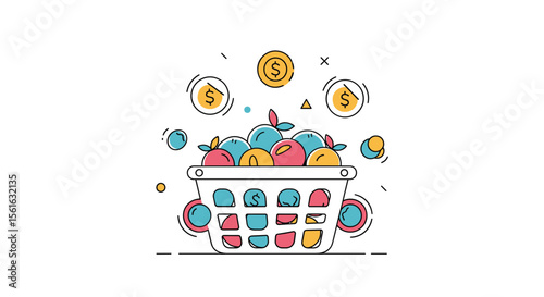Illustrating the Concept of Earning Money Through Selling Fresh Produce in a Shopping Basket