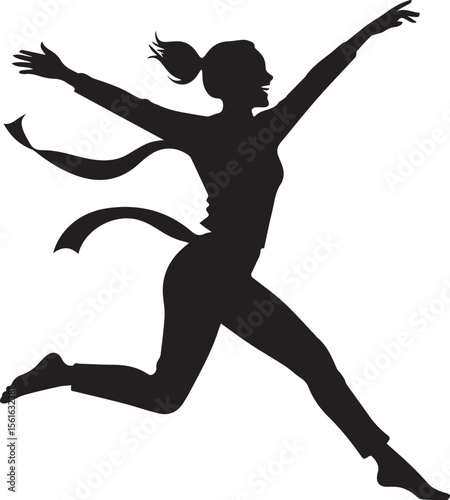 Victory Silhouette: A dynamic silhouette of a woman runner joyfully leaping across the finish line, arms outstretched in celebration of victory and triumph.