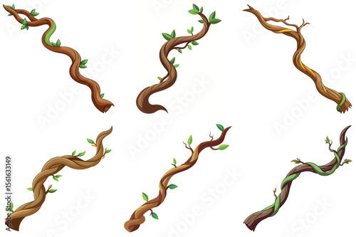 Illustration of cartoonish wooden branches and vines with green leaves of varying sizes