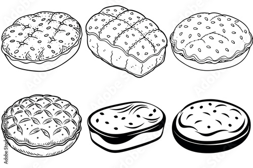 Outlined illustrations of several types of various baked bread desserts treats