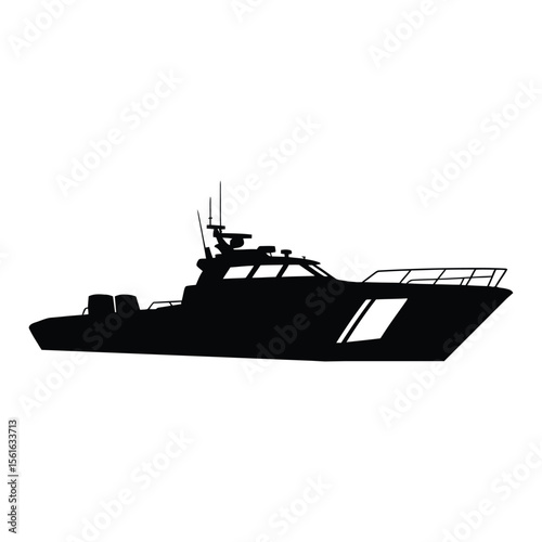Coast Guard Boat Silhouette, Vector, Illustration, Icon, Logo, White Background.