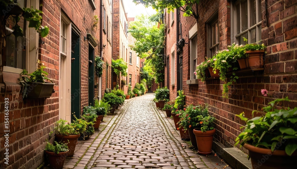 Fototapeta premium Cobblestone Alley: Charming Brick Buildings, Lush Greenery, Serene Atmosphere