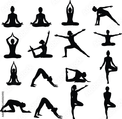 Flat black silhouettes of humans doing various yoga poses