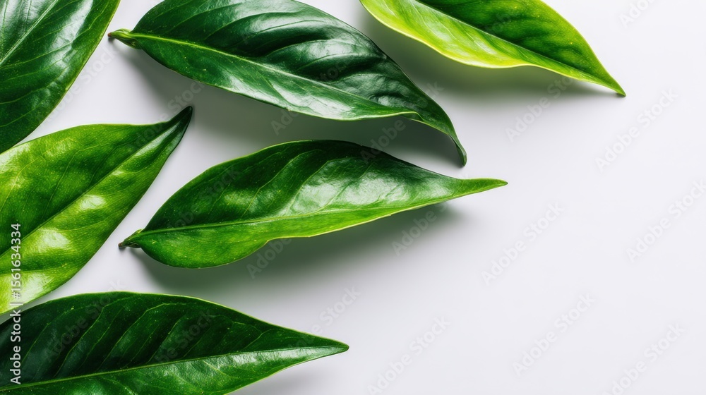 Fototapeta premium Close-up of fresh glossy green leaves on white background with detailed textures.