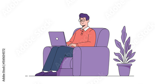 Man sitting in a comfortable armchair using a laptop with a plant nearby illustrating remote work and digital nomad lifestyle