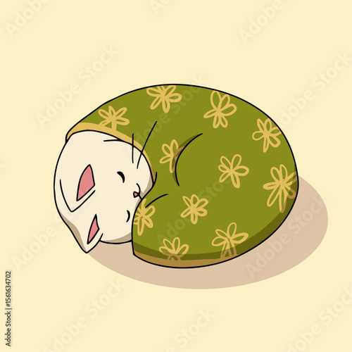 Vector Illustration of Cat Sleeping with Green Blanket
