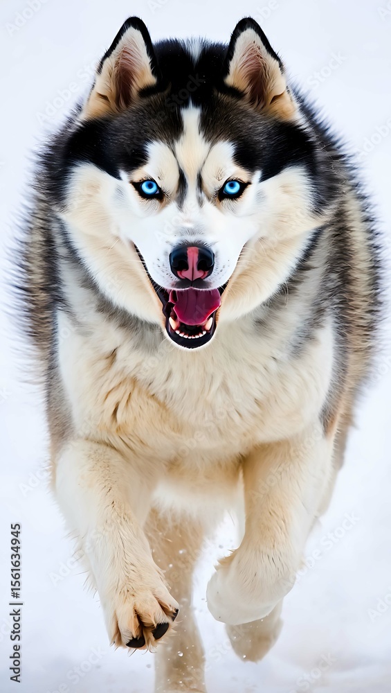 Intense siberian husky with striking blue eyes and open mouth running forward isolated on white background Intense siberian husky with striking blue eyes and open mouth running forward isolated on white background