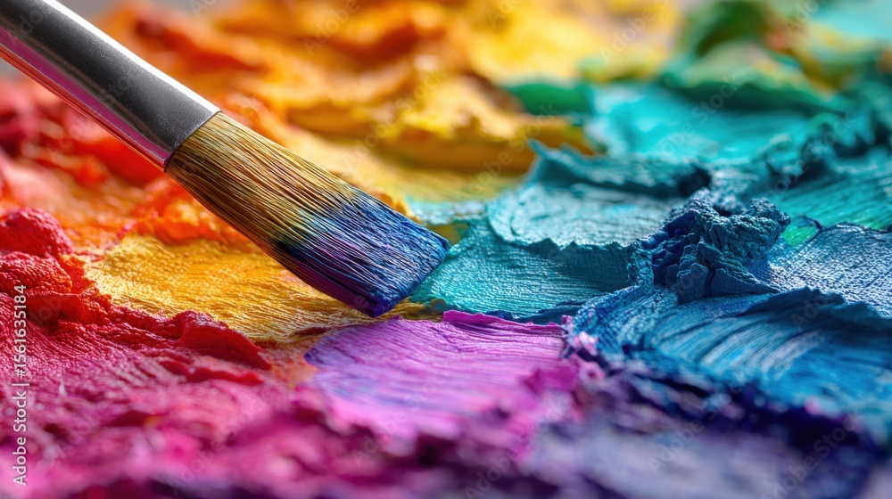 Obraz premium Close-up of vibrant colorful oil paints and paintbrush on textured artistic palette.