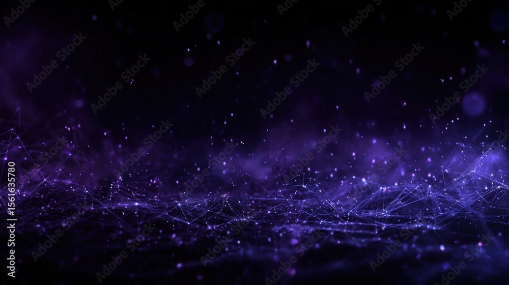 Obraz premium Abstract digital purple particles scatter with glowing network of lines and points.