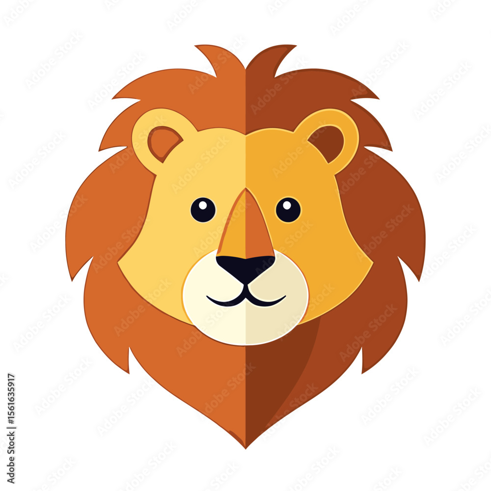 Fototapeta premium A friendly cartoon lion head with a large mane, simple design, and flat style, perfect for children's illustrations, logos, or branding projects needing a majestic yet approachable image.