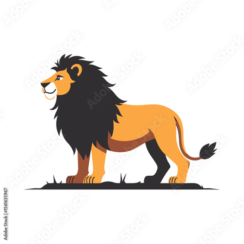 Majestic male lion standing proudly in profile view, showcasing its dark mane and powerful stance against a simple white background, ideal for logos, branding, or children's illustrations.