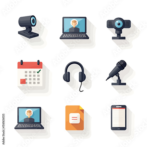 Collection of nine modern flat design icons depicting video conferencing, communication, and scheduling tools for online meetings, webinars, or remote work, perfect for websites or presentations.