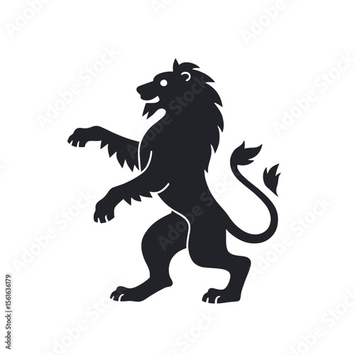 Rampant lion silhouette, heraldic symbol, black and white vector illustration, isolated on white background, perfect for logos, emblems, and designs.