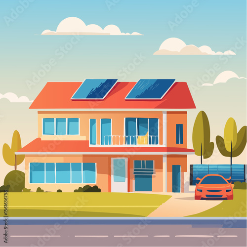 modern suburban house with landscaped yard, driveway, and solar panels