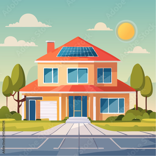 modern suburban house with landscaped yard, driveway, and solar panels