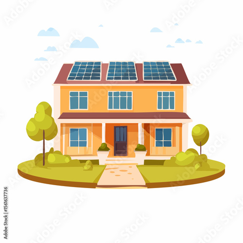 modern suburban house with landscaped yard, driveway, and solar panels