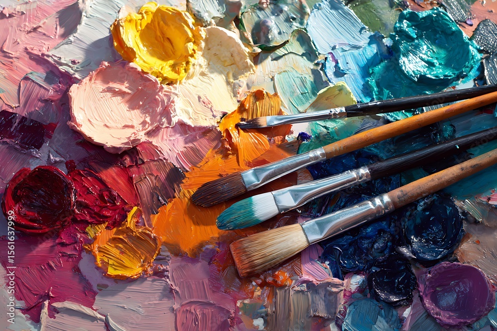 Fototapeta premium Artistic paint palette with brushes and thick impasto strokes isolated on white background