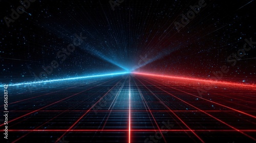 Futuristic digital grid with glowing light lines extending into the distance in a sci-fi style.