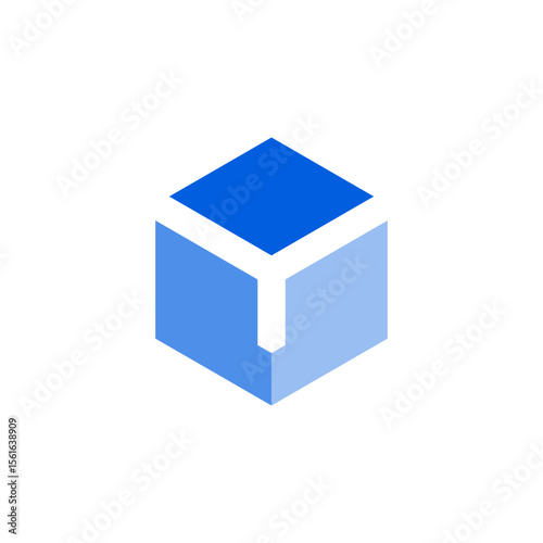 A geometric, minimalist blue cube or box icon with lighter blue shading indicating depth and dimension