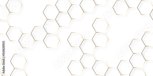 Abstract white background with gold hexagons seamless pattern and geometric in vector design. Futuristic blue neon honeycombs. Modern technology design .Minimal style website banner, decoration .