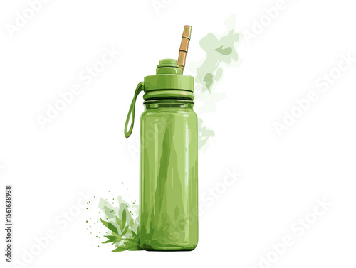 Green reusable water bottle with bamboo straw and leaf design  