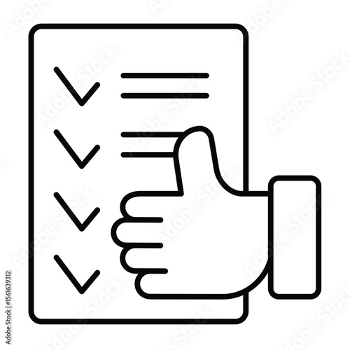 Checklist paper and thumb up hand thin line icon, design recruitment concept. Vector graphics. Summary of quiz test, success sign on white background, style mobile or design.