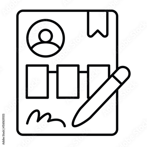 Candidate paper thin line icon, design recruitment concept. Vector graphics. Recommendation letter with signature and pen sign on white background, style mobile or design.