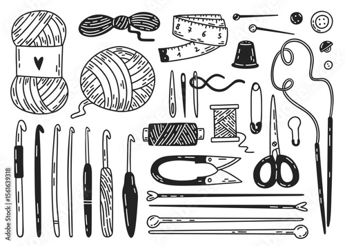 Crochet and knitting tools and materials. Needles, hooks, yarn, scissors doodles. Hand-drawn illustration of tools for handmade craft. Vector line design elements.