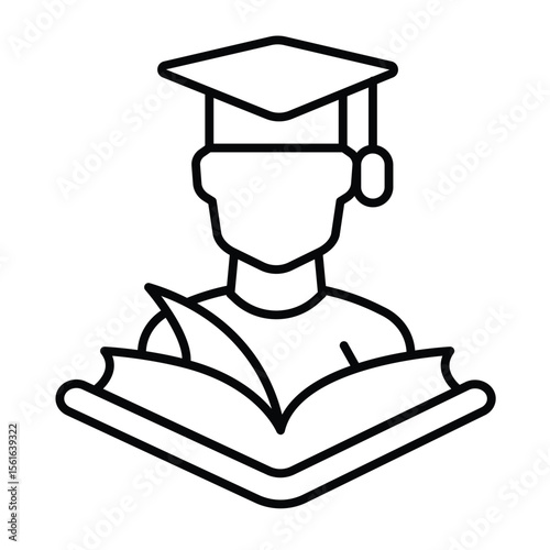 Man with student hat and book thin line icon, design recruitment concept. Vector graphics. Young man with diploma, education sign on white background, style mobile or design.