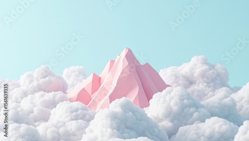 Pastel pink mountain peak above fluffy clouds against a pale blue sky