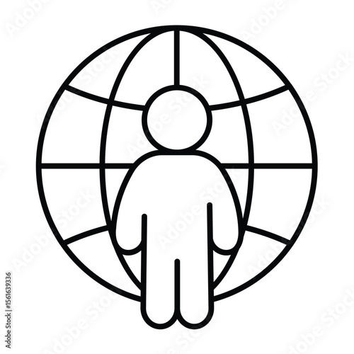 Freelancer man at world globe thin line icon, design recruitment concept. Vector graphics. Remote worker man, human recourse sign on white background, style mobile or design.