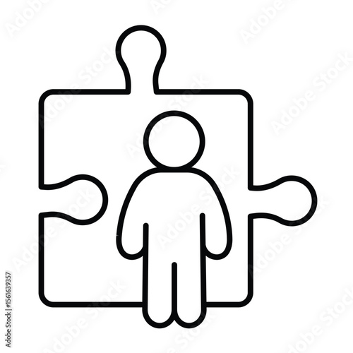 Man and large puzzle piece thin line icon, design recruitment concept. Vector graphics. Puzzle game, human recourse sign on white background, style mobile or design.
