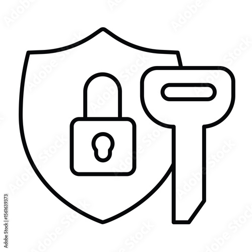 Key and safety emblem with lock thin line icon, design recruitment concept. Vector graphics. Large key with defense shield sign on white background, style mobile or design.