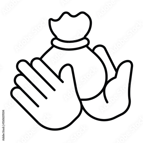 Bounty bag in hands thin line icon, design recruitment concept. Vector graphics. Hands with salary sack, money reward sign on white background, style mobile or design.